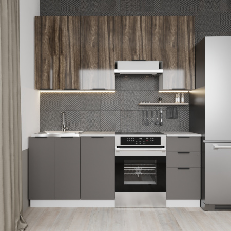 Кухня ПРАГА Серый Камень/ЭвоГлосс Тёмно Серый/ЭвоГлосс Империя/Этория (без мойки) 2.0м