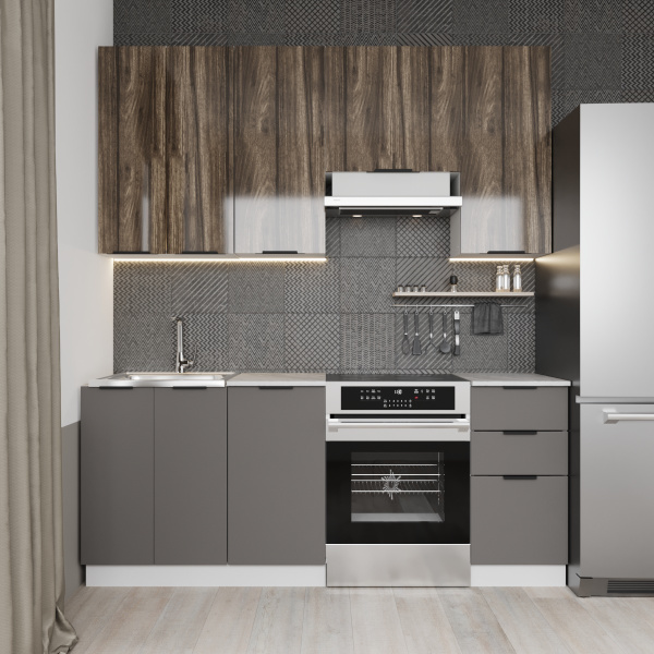 Кухня ПРАГА Серый Камень/ЭвоГлосс Тёмно Серый/ЭвоГлосс Империя/Этория (без мойки) 2.0м